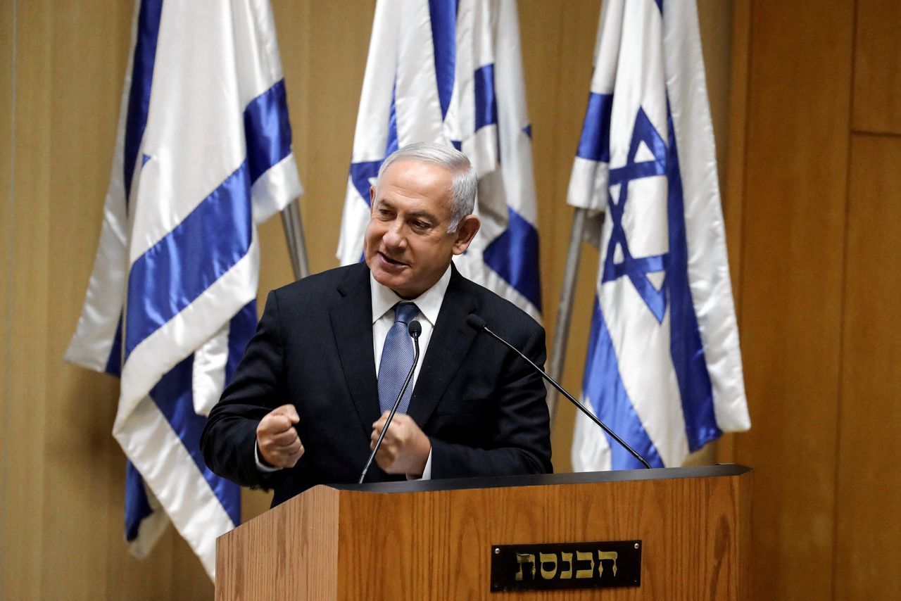 De Israëlische oppositieleider Benajmin Netanyahu tijdens een toespraak in het Israëlische parlement.