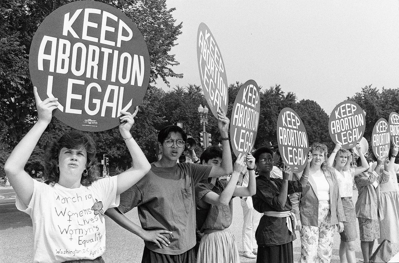 Amerikaanse vrouwen voeren actie bij het Hooggerechtshof voor legale abortus, in 1989.