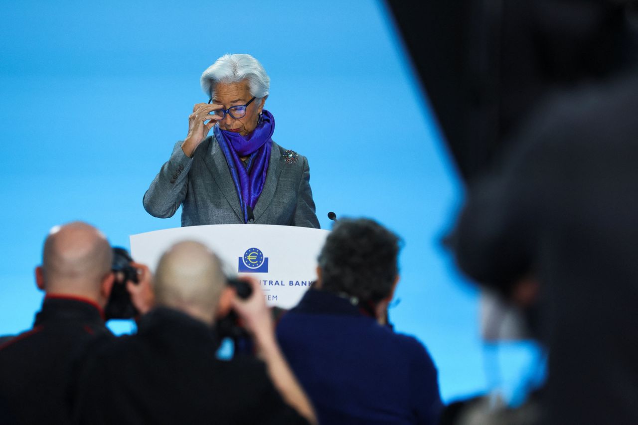 Christine Lagarde, voorzitter van de Europese Centrale Bank, tijdens de persconferentie die ze donderdag gaf.