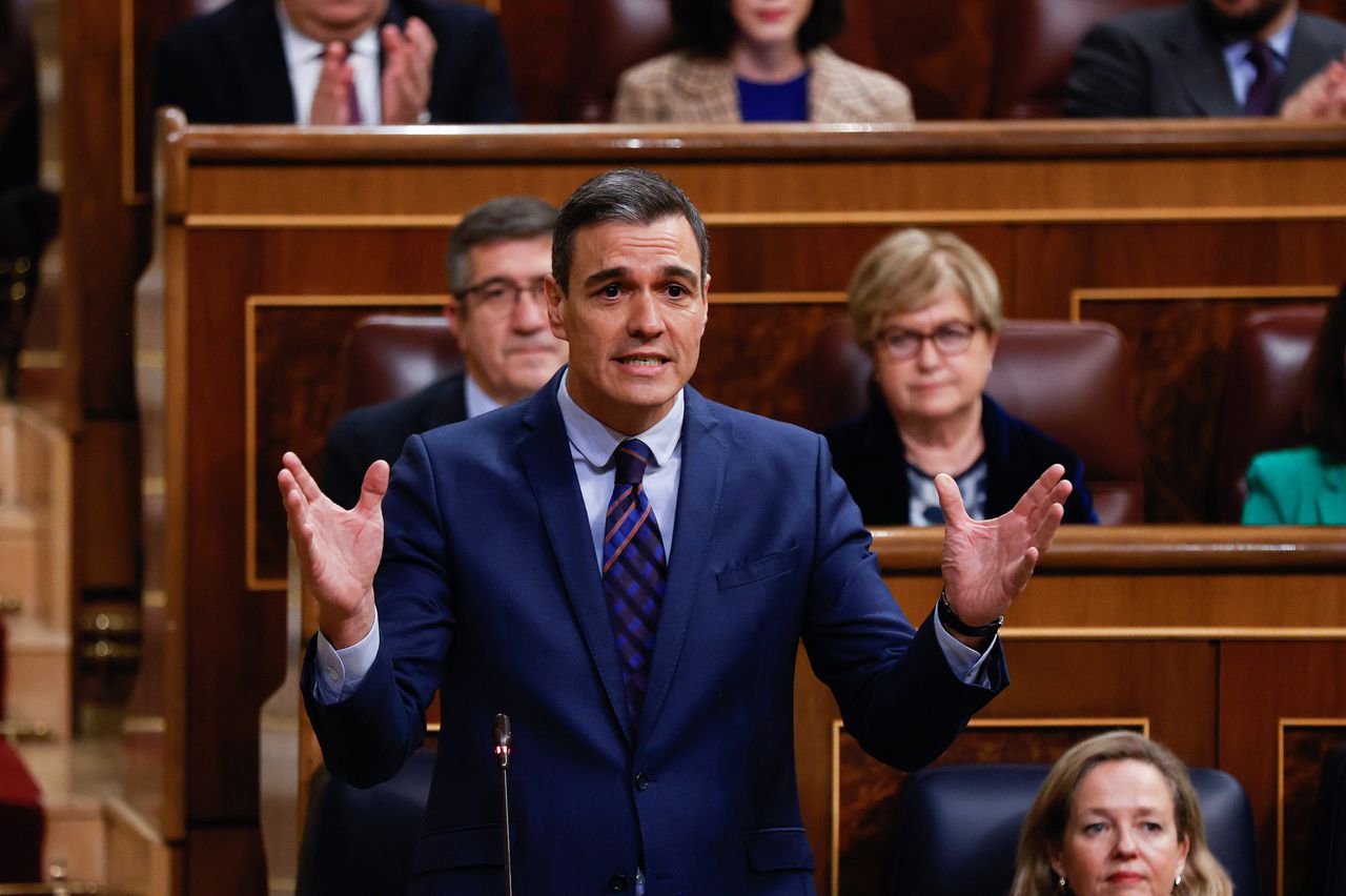 Premier Pedro Sánchez woensdag in het Spaanse parlement.