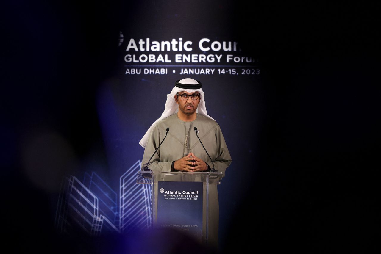Sultan Ahmed al-Jaber, hoofd van het staatsoliebedrijf van Abu Dhabi en voorzitter van de klimaattop in Dubai in november, tijdens een toespraak bij het Global Energy Forum van de Atlantic Council, zaterdag in Abu Dhabi.