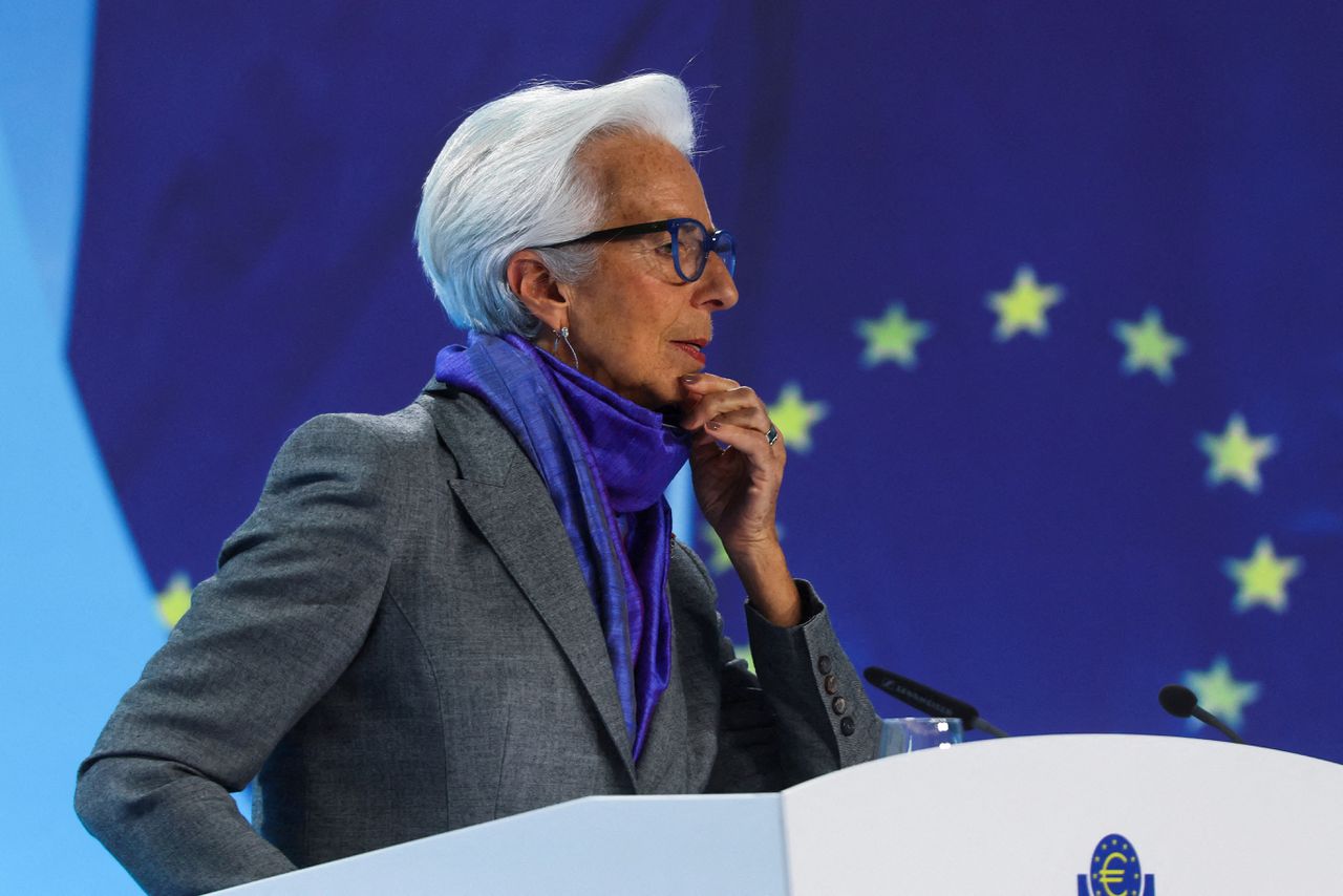 Christine Lagarde, directeur van de Europese Centrale Bank, op een persconferentie in december vorig jaar, na een vergadering over het Europese monetaire beleid in Frankfurt.