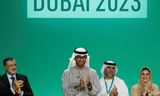 Vlnr: ceo Adnan Amin, voorzitter Ahmed al- Jaber, algemeeen directeur Majid al-Suwaidi en onderhandelaar Hana al-Hashimi bij de slotsessie van COP28 in Dubai. 